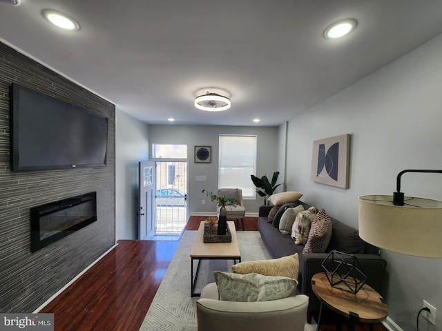 living room featuring a fireplace and hardwood / wood-style floors