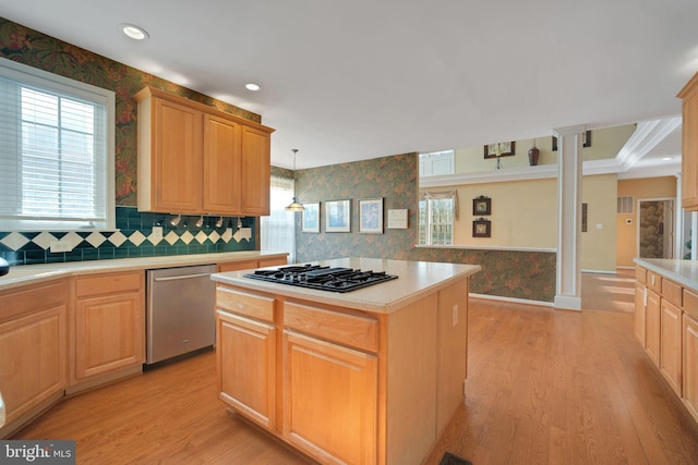 kitchen featuring wallpapered walls, light wood finished floors, dishwasher, black gas cooktop, and light countertops