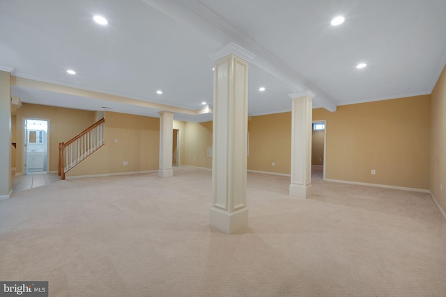 below grade area with recessed lighting, light carpet, baseboards, stairway, and crown molding