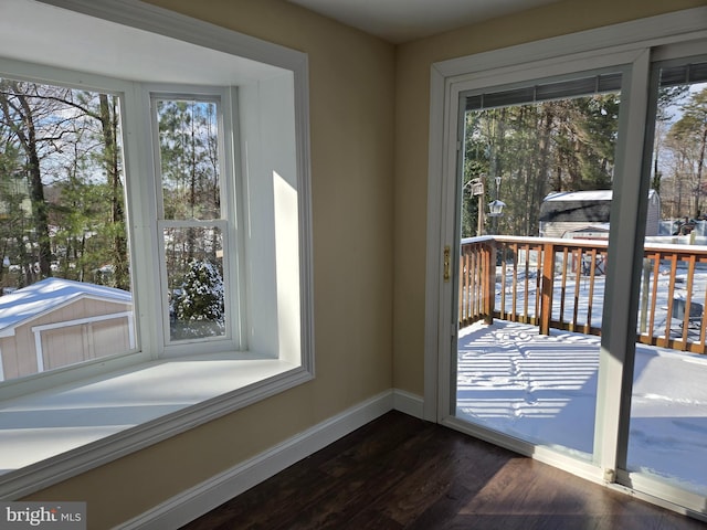 doorway to outside featuring dark wood-type flooring