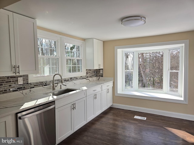 kitchen featuring light stone counters, white cabinets, sink, and dishwasher