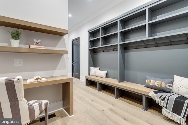 mudroom with recessed lighting, baseboards, wood finished floors, and ornamental molding