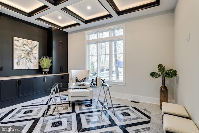 office featuring beamed ceiling, marble finish floor, baseboards, and coffered ceiling