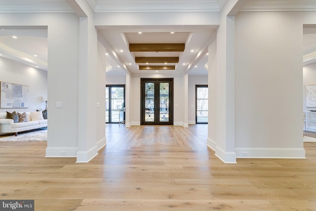 foyer featuring crown molding, baseboards, recessed lighting, french doors, and wood finished floors