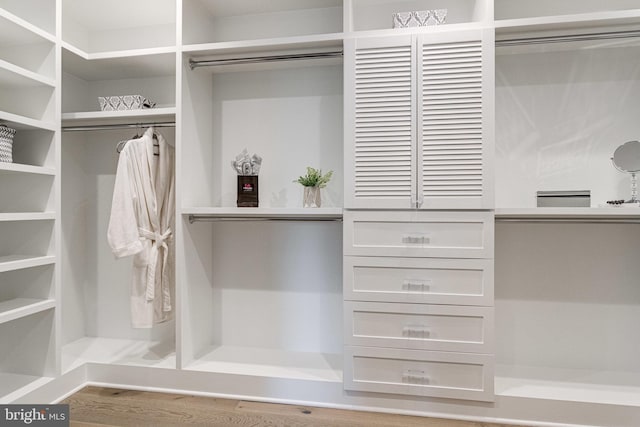 walk in closet with wood finished floors