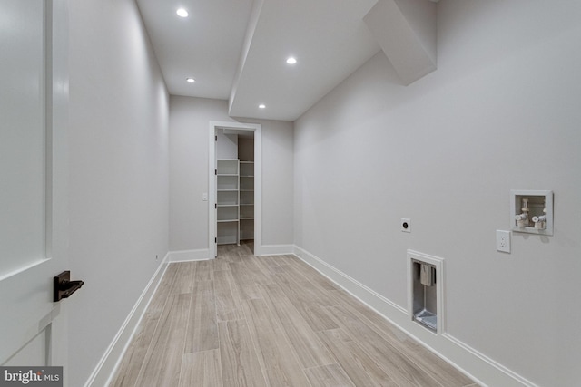 washroom featuring hookup for a washing machine, laundry area, recessed lighting, electric dryer hookup, and light wood-type flooring