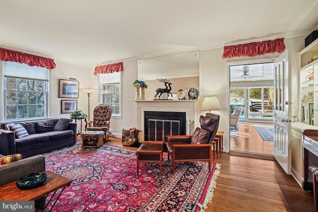 living room with hardwood / wood-style floors and crown molding