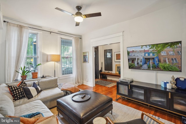 living room featuring ceiling fan and hardwood / wood-style floors