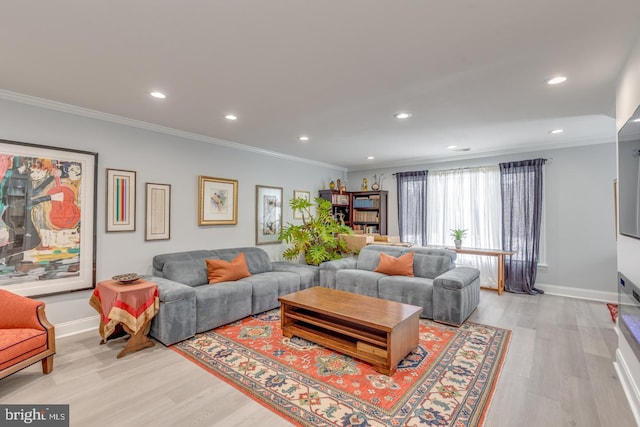 living room featuring ornamental molding and light wood-type flooring