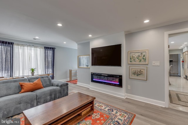 living room featuring ornamental molding and light wood-type flooring