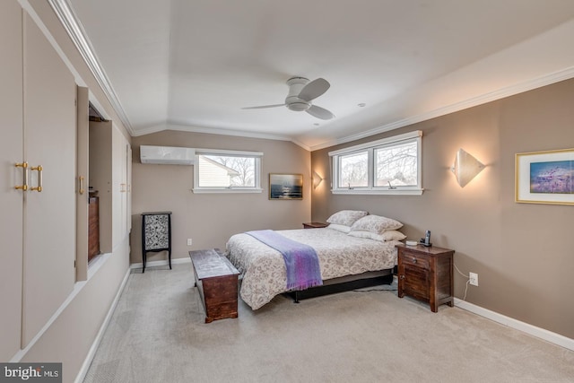 carpeted bedroom featuring ceiling fan, ornamental molding, vaulted ceiling, and multiple windows