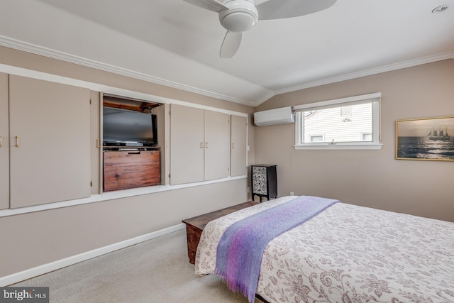 carpeted bedroom with ceiling fan, an AC wall unit, crown molding, and vaulted ceiling