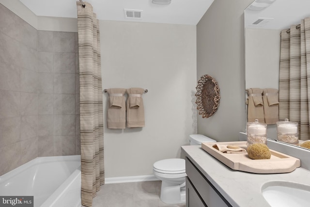 full bathroom featuring toilet, tile patterned flooring, shower / bath combination with curtain, and vanity