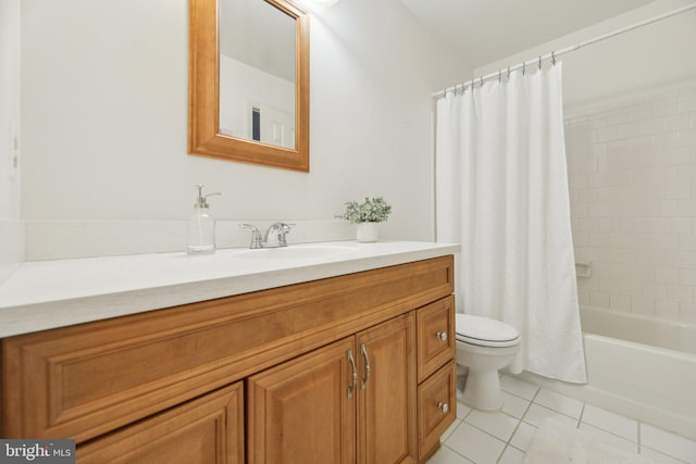 full bathroom featuring shower / bath combo, vanity, tile patterned floors, and toilet