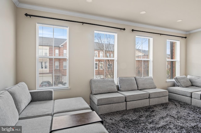 living room featuring crown molding