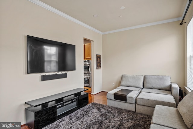 living room featuring ornamental molding and hardwood / wood-style floors