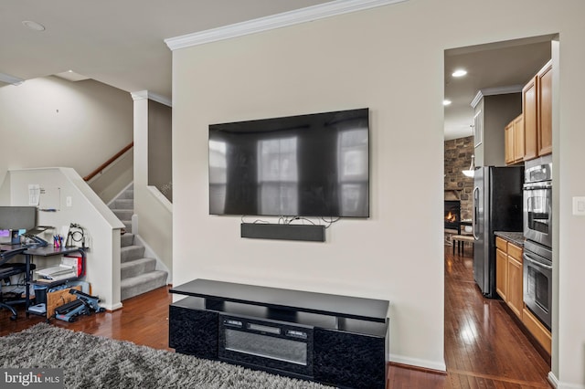 living room with crown molding, a fireplace, and dark hardwood / wood-style floors