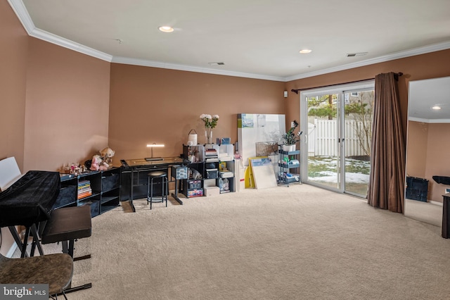 office space featuring ornamental molding and carpet flooring