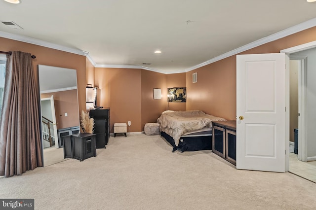 bedroom featuring light carpet and crown molding