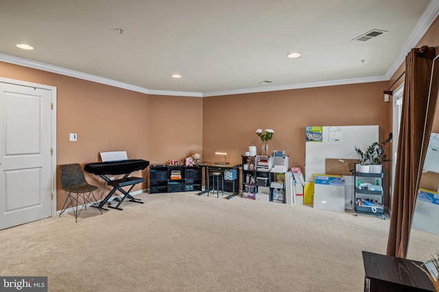 interior space with crown molding and carpet flooring