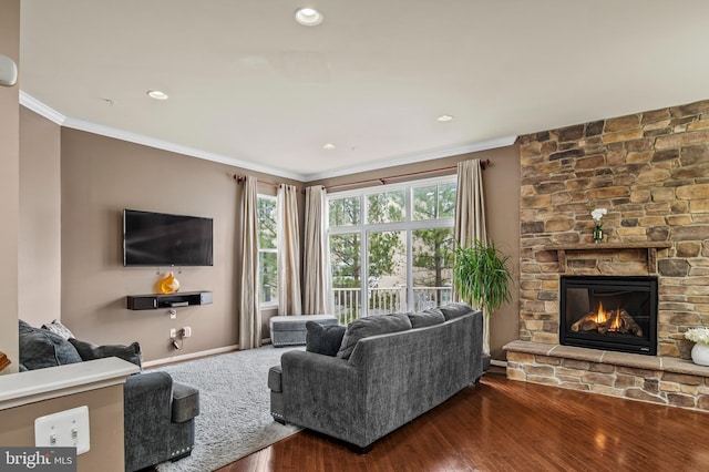 living room featuring crown molding, a stone fireplace, and hardwood / wood-style flooring