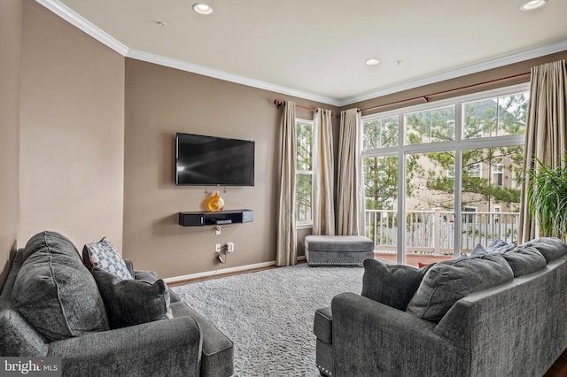 living room with crown molding