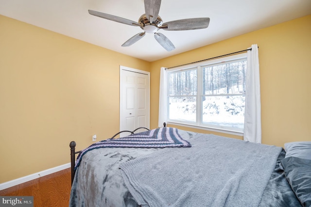 bedroom featuring ceiling fan, dark hardwood / wood-style flooring, and a closet