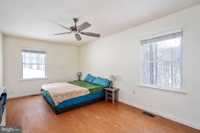 bedroom with hardwood / wood-style flooring and ceiling fan