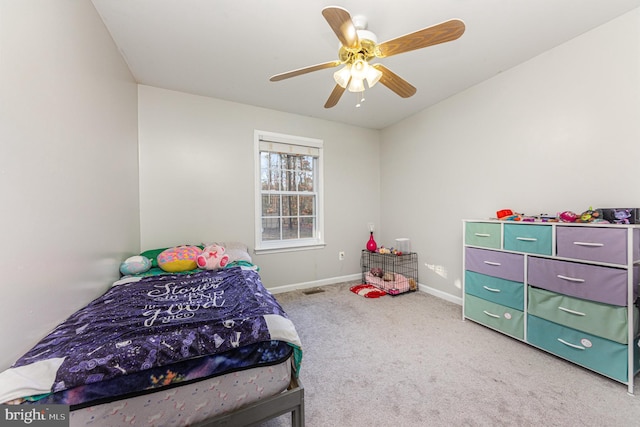 bedroom with ceiling fan and carpet flooring