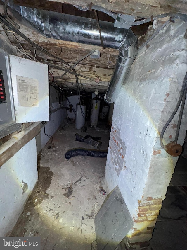 basement featuring electric panel and gas water heater