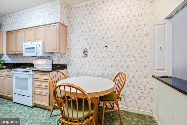 kitchen with light brown cabinetry and white appliances