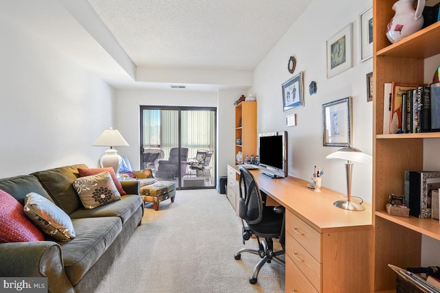 carpeted office space featuring a textured ceiling