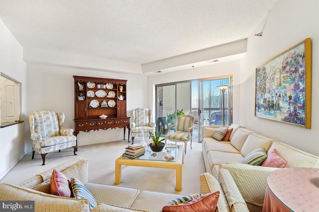 carpeted living room with a textured ceiling