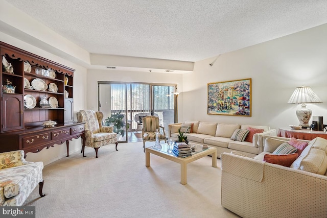 living room featuring light colored carpet and a textured ceiling