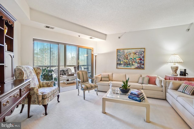 living room featuring light carpet and a textured ceiling