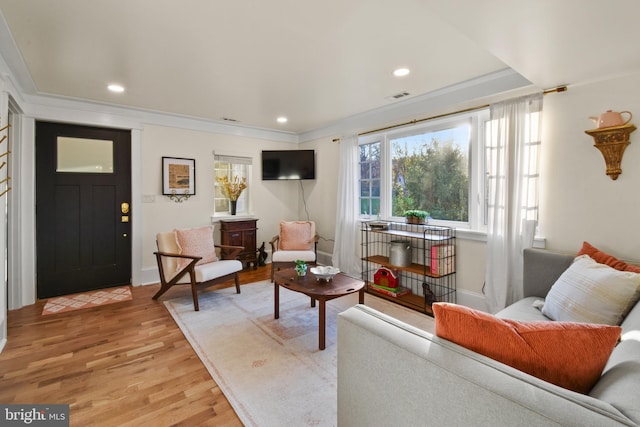 living room featuring crown molding and light wood-type flooring