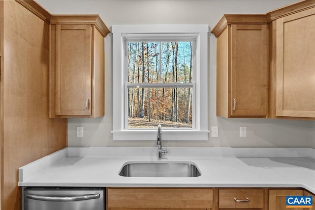 kitchen with stainless steel dishwasher, light stone countertops, and sink