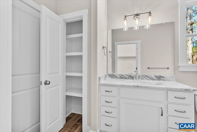 bathroom featuring vanity and hardwood / wood-style flooring