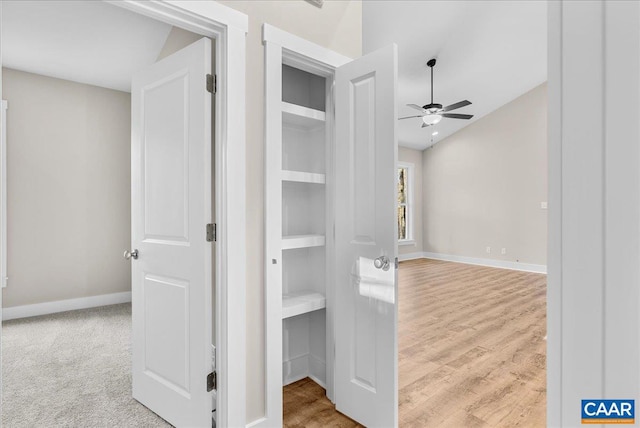 hallway with light colored carpet