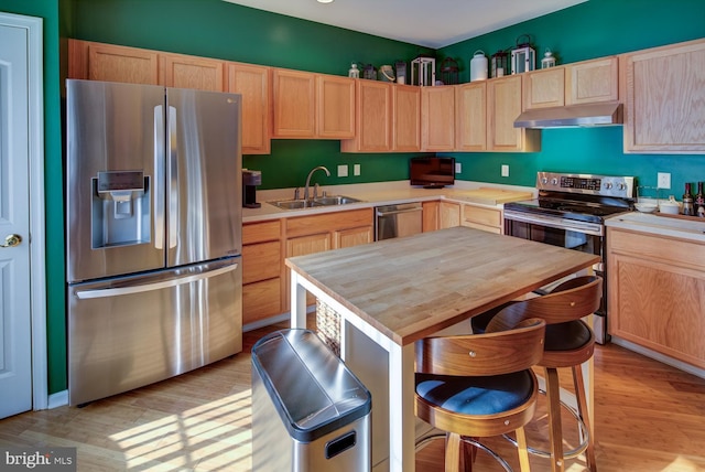 kitchen with light brown cabinetry, sink, appliances with stainless steel finishes, and light wood-type flooring