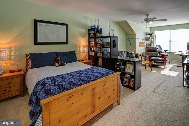 bedroom with ceiling fan and carpet flooring