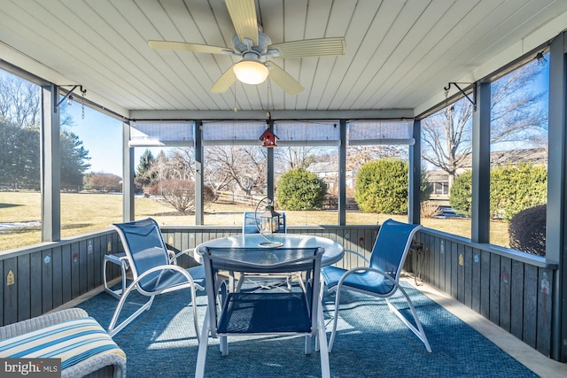 sunroom with wood ceiling and ceiling fan