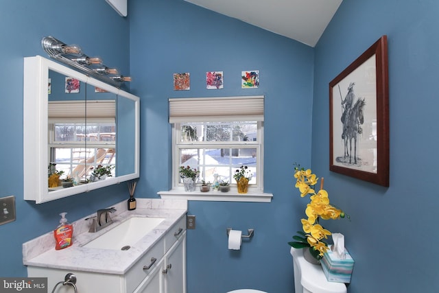 bathroom with toilet, vanity, and lofted ceiling