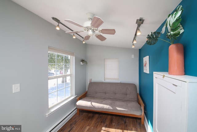 unfurnished room with dark wood-type flooring, ceiling fan, track lighting, and vaulted ceiling