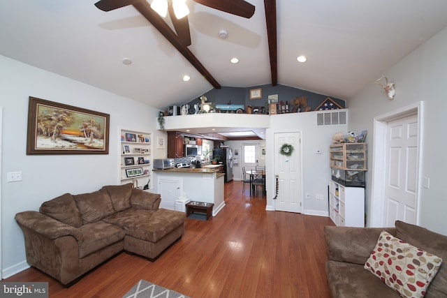 living room with ceiling fan, vaulted ceiling with beams, and dark wood-type flooring