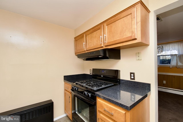 kitchen with black range with gas cooktop, radiator, and a baseboard heating unit