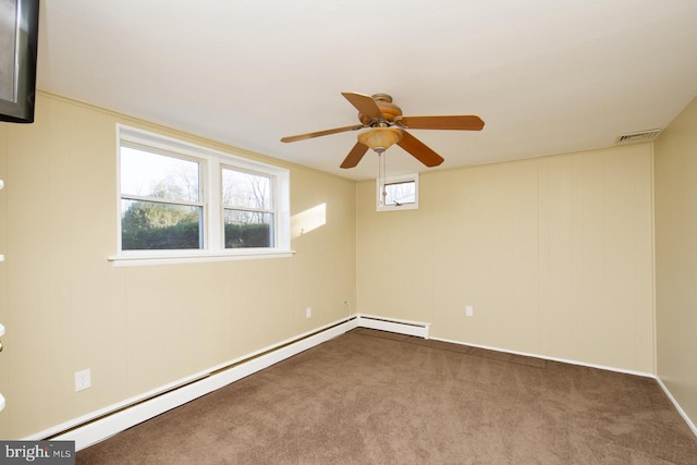 carpeted spare room with a baseboard radiator