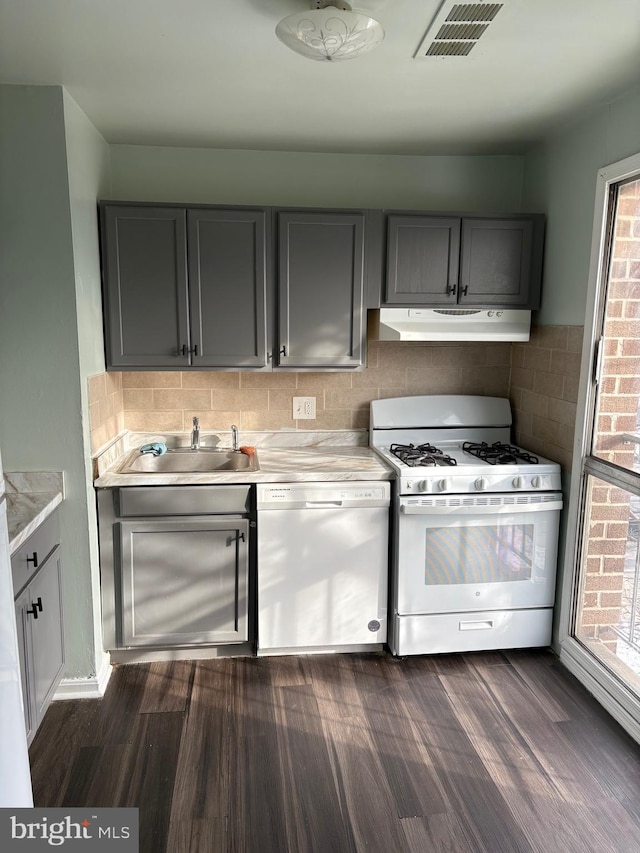 kitchen with sink, dark hardwood / wood-style floors, gray cabinets, white appliances, and a healthy amount of sunlight