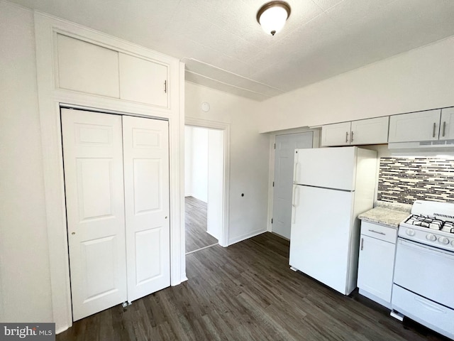 kitchen featuring white cabinetry, white appliances, dark hardwood / wood-style floors, and tasteful backsplash