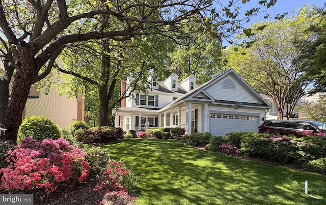 view of front of property featuring a front lawn and an attached garage